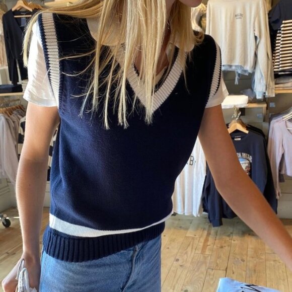 Brandy Melville Sweaters - New Brandy Melville J Galt Navy White Oversized Varsity V-Neck Sweater Vest